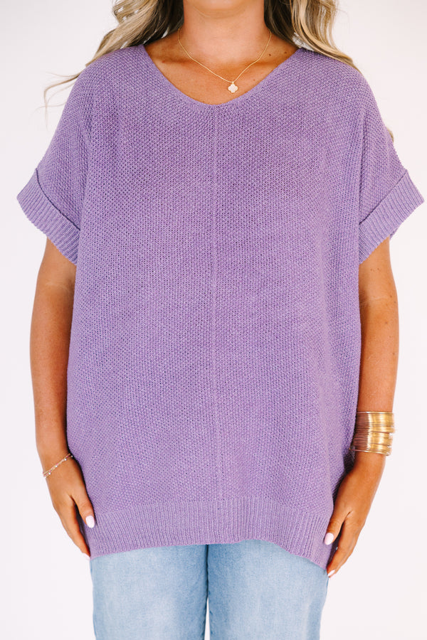 Chic Soul plus size clothing, a short sleeve sweater with a V-neck in a lavender color 