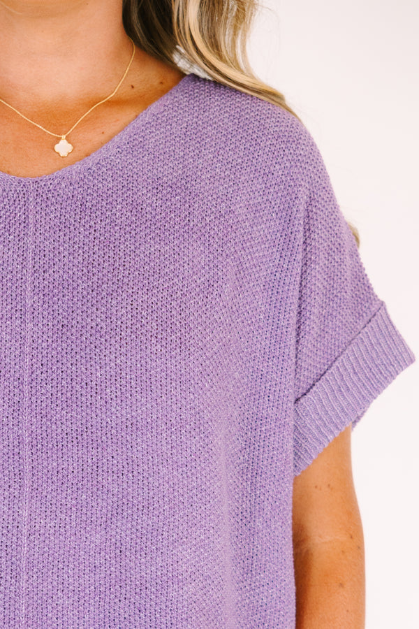 Chic Soul plus size clothing, a short sleeve sweater with a V-neck in a lavender color 
