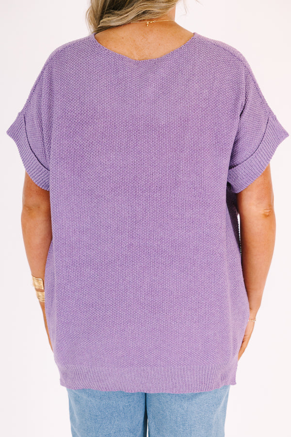 Chic Soul plus size clothing, a short sleeve sweater with a V-neck in a lavender color 