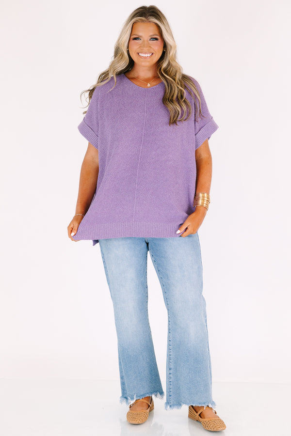 Chic Soul plus size clothing, a short sleeve sweater with a V-neck in a lavender color 