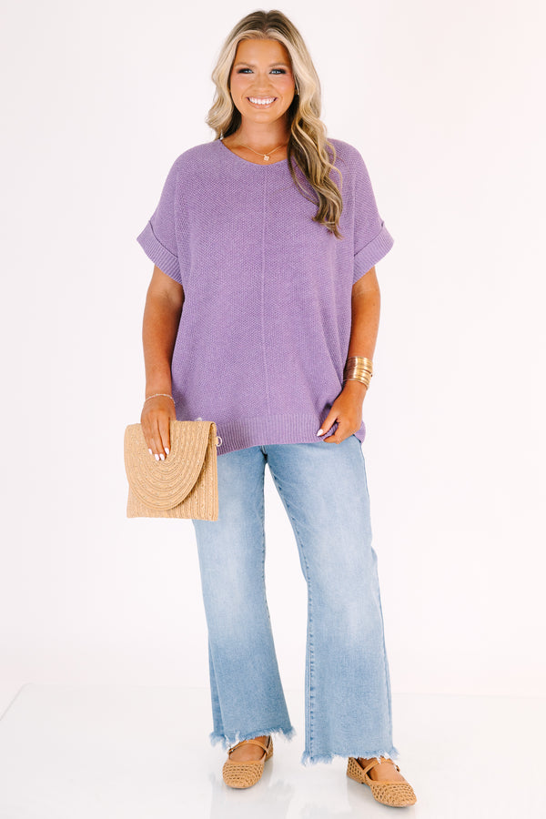 Chic Soul plus size clothing, a short sleeve sweater with a V-neck in a lavender color 
