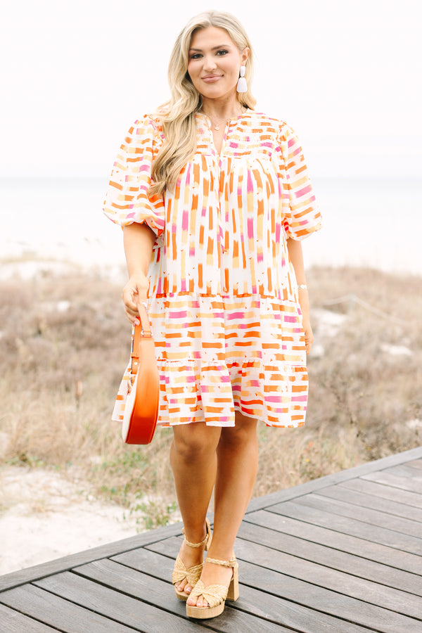 Chic Soul plus size clothing, orange and pink abstract stripe pattern short puff sleeve tiered baby doll dress with v neck cutout and rouching detailing on the top