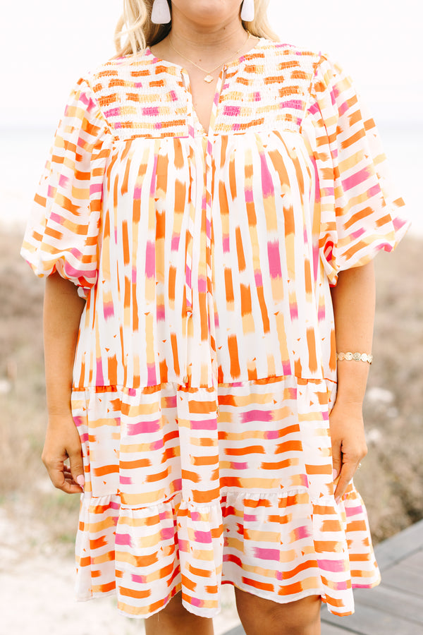 Chic Soul plus size clothing, orange and pink abstract stripe pattern short puff sleeve tiered baby doll dress with v neck cutout and rouching detailing on the top