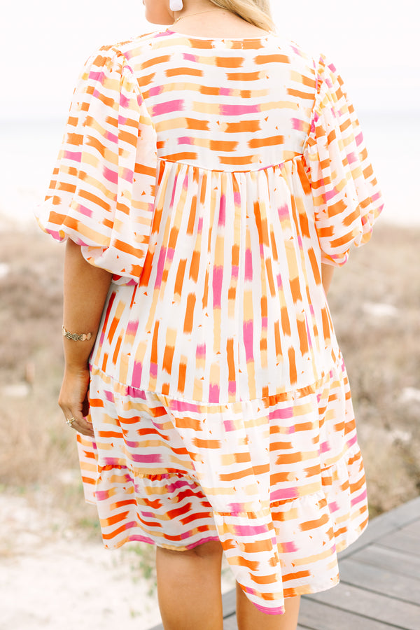 Chic Soul plus size clothing, orange and pink abstract stripe pattern short puff sleeve tiered baby doll dress with v neck cutout and rouching detailing on the top