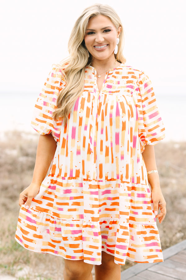 Chic Soul plus size clothing, orange and pink abstract stripe pattern short puff sleeve tiered baby doll dress with v neck cutout and rouching detailing on the top