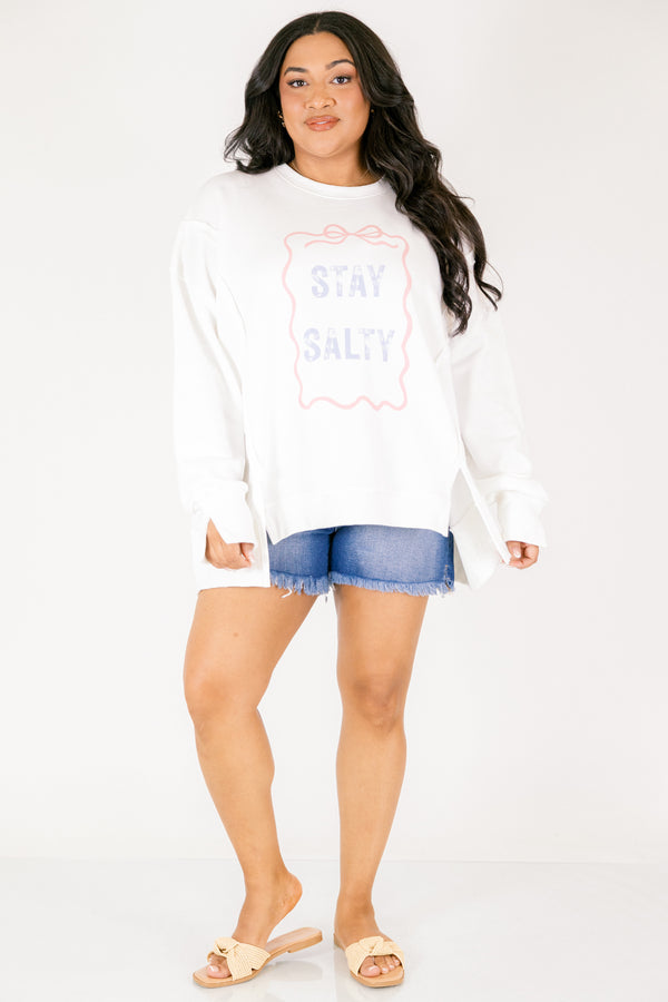 Chic Soul plus size clothing, white long sleeve crew neck with 