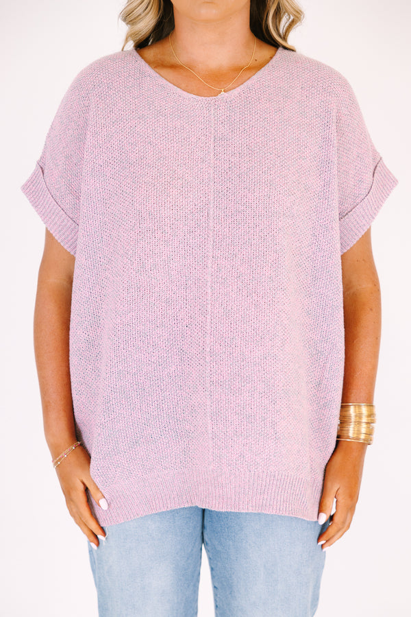 Chic Soul plus size clothing, pink short sleeve sweater with gray speckles and cuff sleeves