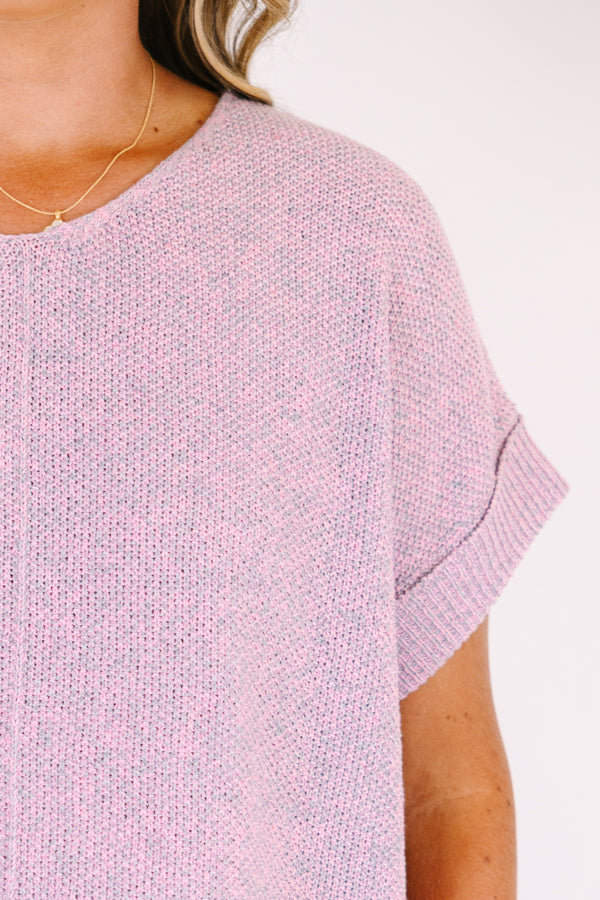 Chic Soul plus size clothing, pink short sleeve sweater with gray speckles and cuff sleeves
