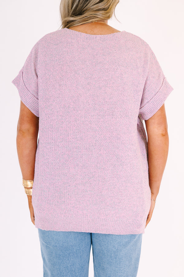 Chic Soul plus size clothing, pink short sleeve sweater with gray speckles and cuff sleeves