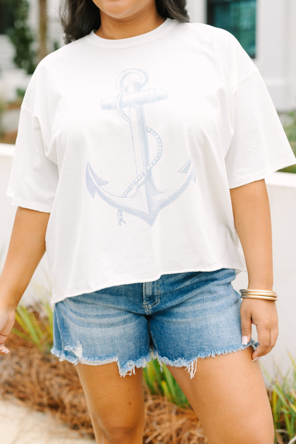 Chic Soul plus size clothing, white graphic tee with a light denim blue anchor graphic on the center of the shirt 