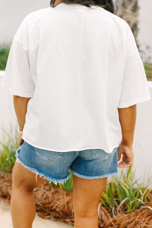 Chic Soul plus size clothing, white graphic tee with a light denim blue anchor graphic on the center of the shirt 