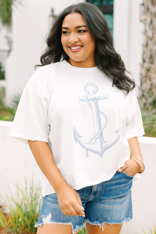 Chic Soul plus size clothing, white graphic tee with a light denim blue anchor graphic on the center of the shirt 