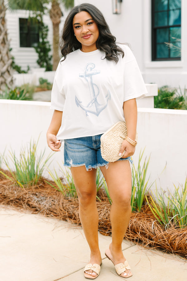 Chic Soul plus size clothing, white graphic tee with a light denim blue anchor graphic on the center of the shirt 