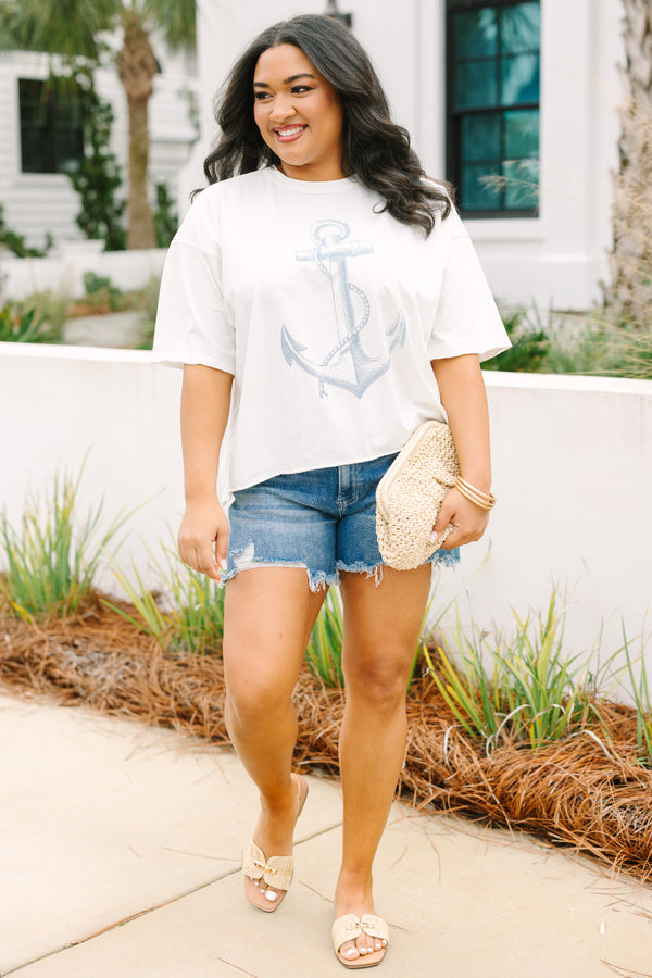 Chic Soul plus size clothing, white graphic tee with a light denim blue anchor graphic on the center of the shirt 
