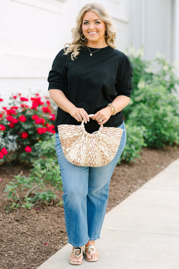 Chic Soul plus size clothing, black short sleeve top with banded sleeves