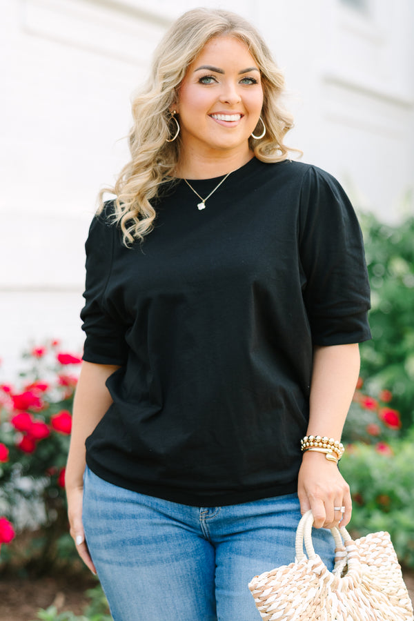 Chic Soul plus size clothing, black short sleeve top with banded sleeves