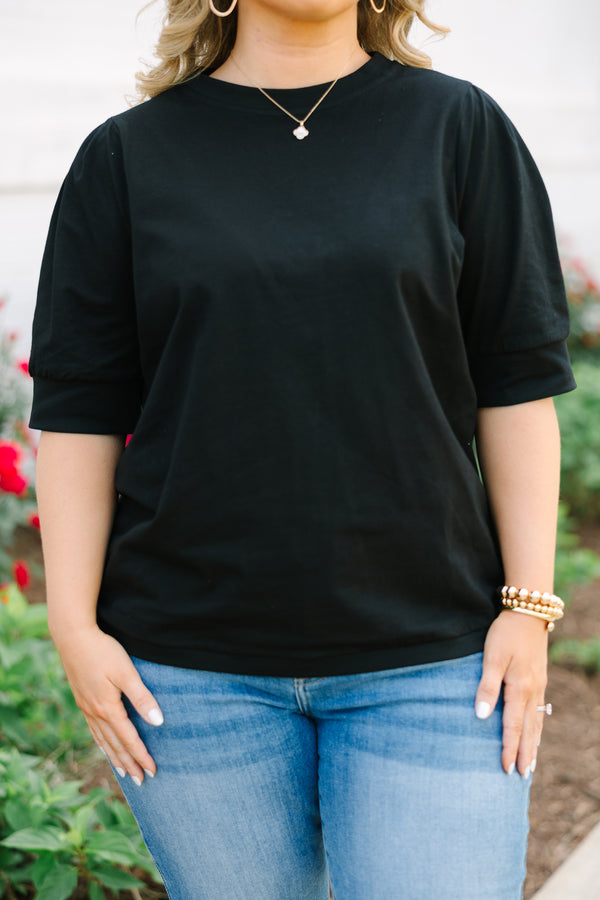 Chic Soul plus size clothing, black short sleeve top with banded sleeves
