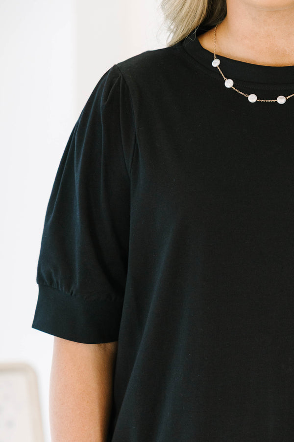 Chic Soul plus size clothing, black short sleeve top with banded sleeves