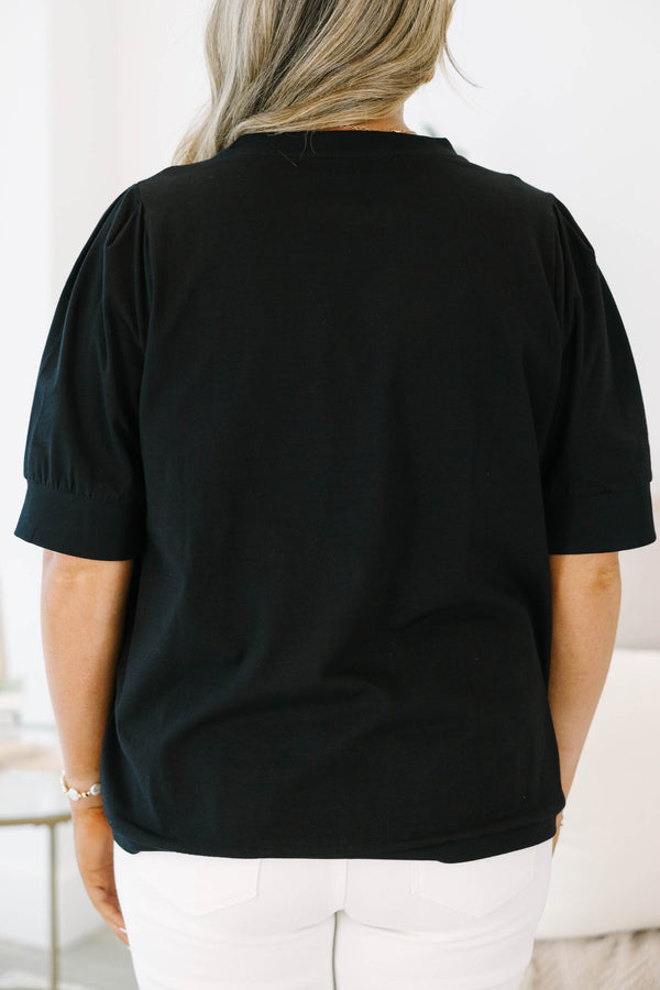 Chic Soul plus size clothing, black short sleeve top with banded sleeves