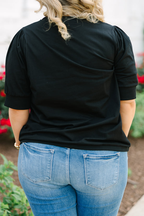 Chic Soul plus size clothing, black short sleeve top with banded sleeves