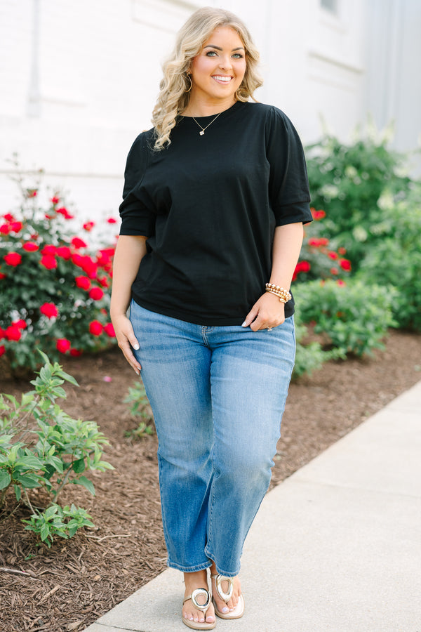 Chic Soul plus size clothing, black short sleeve top with banded sleeves