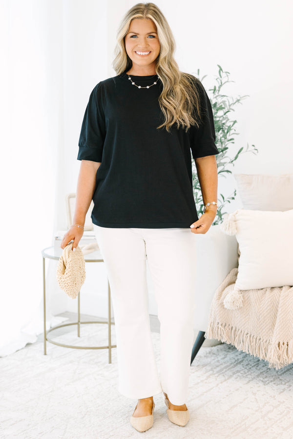 Chic Soul plus size clothing, black short sleeve top with banded sleeves