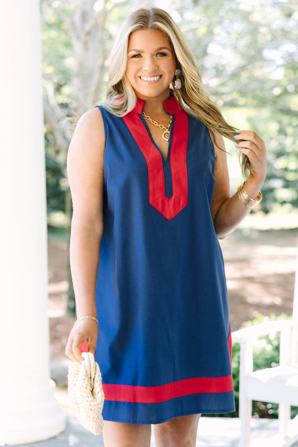 Chic Soul plus size clothing, navy sleeveless shift dress with red trim detailing around the neckline and the hem 