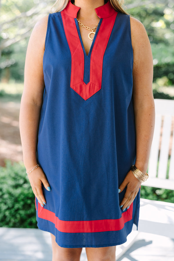 Chic Soul plus size clothing, navy sleeveless shift dress with red trim detailing around the neckline and the hem 