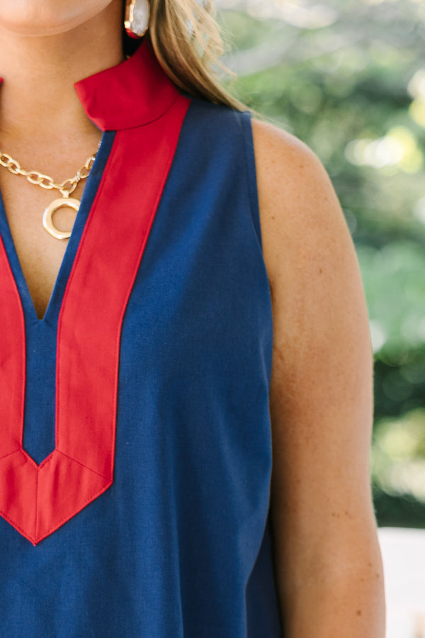 Chic Soul plus size clothing, navy sleeveless shift dress with red trim detailing around the neckline and the hem 