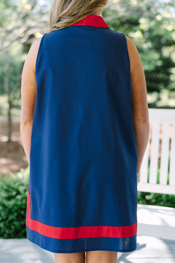 Chic Soul plus size clothing, navy sleeveless shift dress with red trim detailing around the neckline and the hem 