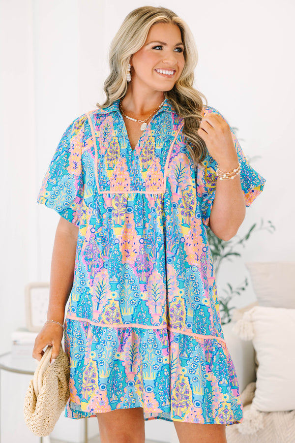 Plus size A Second Chance Dress in blue multi, featuring a flowy fit and vibrant floral pattern.