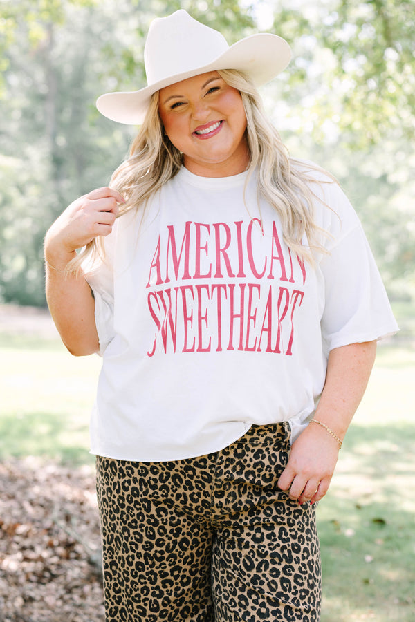 Plus Size white vintage wash tee with red American Sweetheart text and leopard print pants.