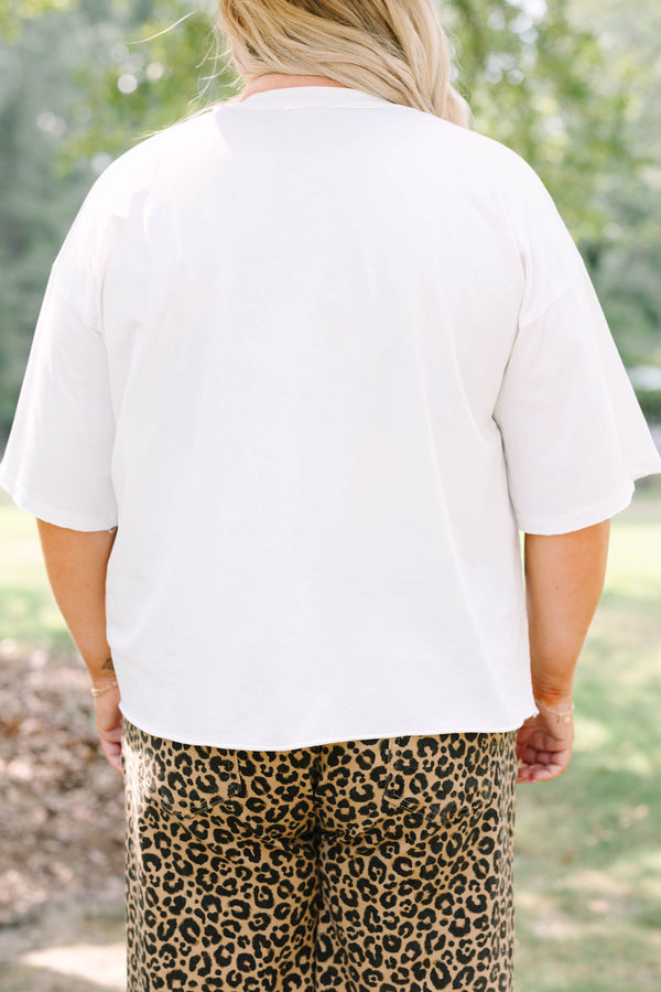 Plus Size white vintage wash tee with red American Sweetheart text and leopard print pants.