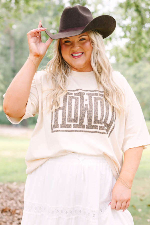 Plus Size sand vintage wash tee with a leopard print 'HOWDY' graphic and white lace-trim skirt.