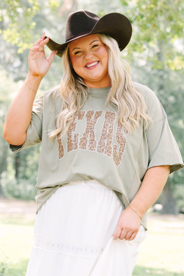 Plus Size army green vintage wash tee with leopard print TEXAS graphic and white lace trim skirt.