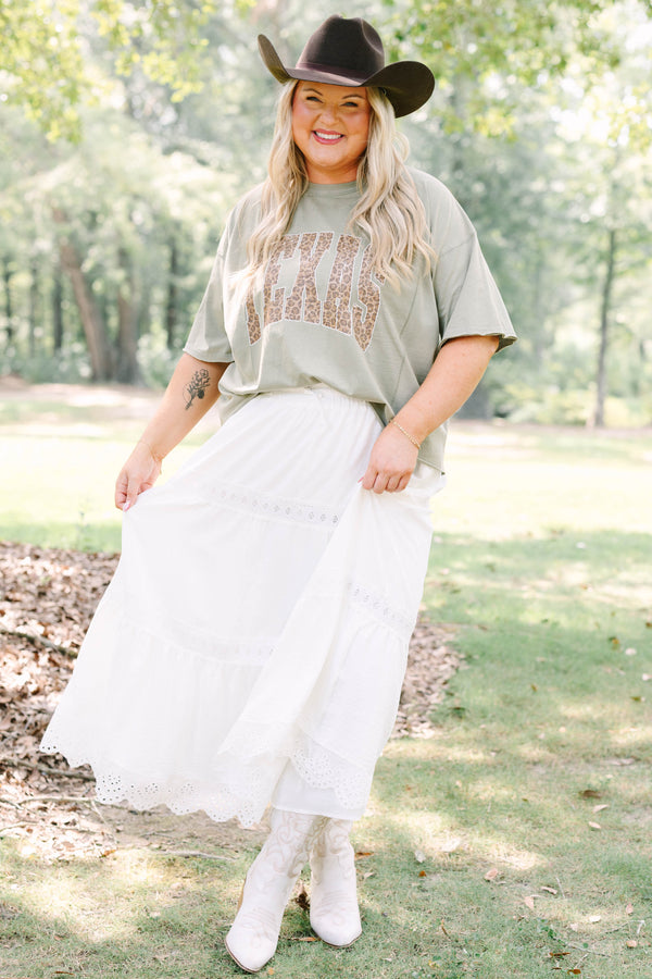 Plus Size army green vintage wash tee with leopard print TEXAS graphic and white lace trim skirt.