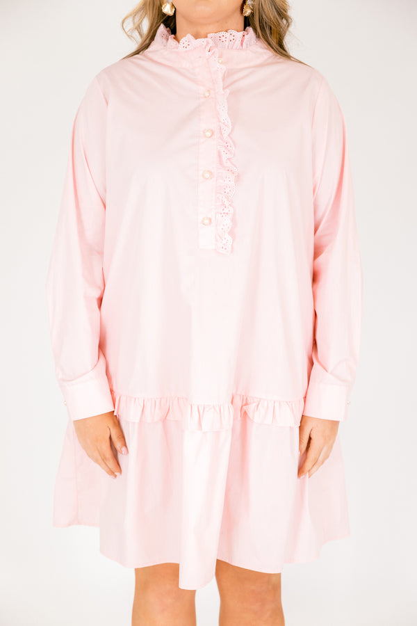 Chic Soul plus size clothing, pastel pink knee length long sleeve dress with a ruffle detail on the dress right above the knee as well as going down the v-neckline and buttons 