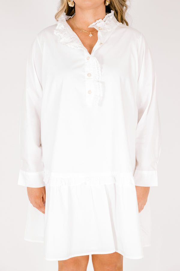 Chic Soul plus size clothing, white knee length dress with buttons going down to the chest as well as a lace ruffle detail on the collar and the button-up section 