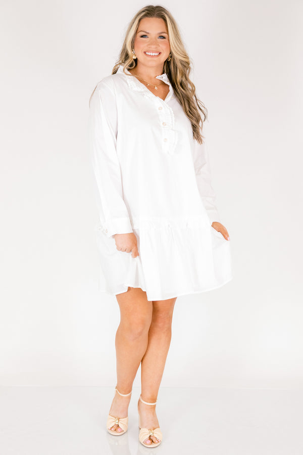 Chic Soul plus size clothing, white knee length dress with buttons going down to the chest as well as a lace ruffle detail on the collar and the button-up section 