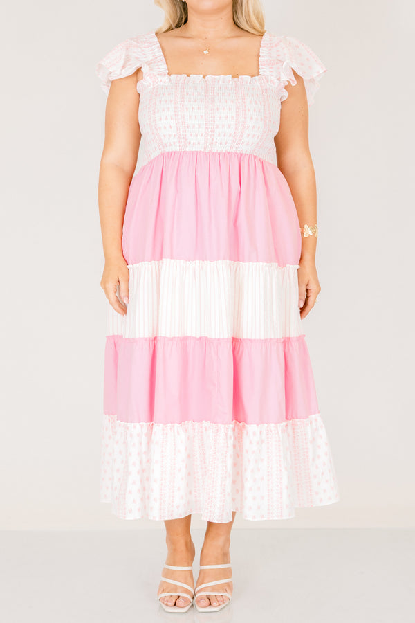 Chic Soul plus size clothing, white and light pink floral and light pink colorblock maxi dress with ruffle short sleeves and stretchy top of dress