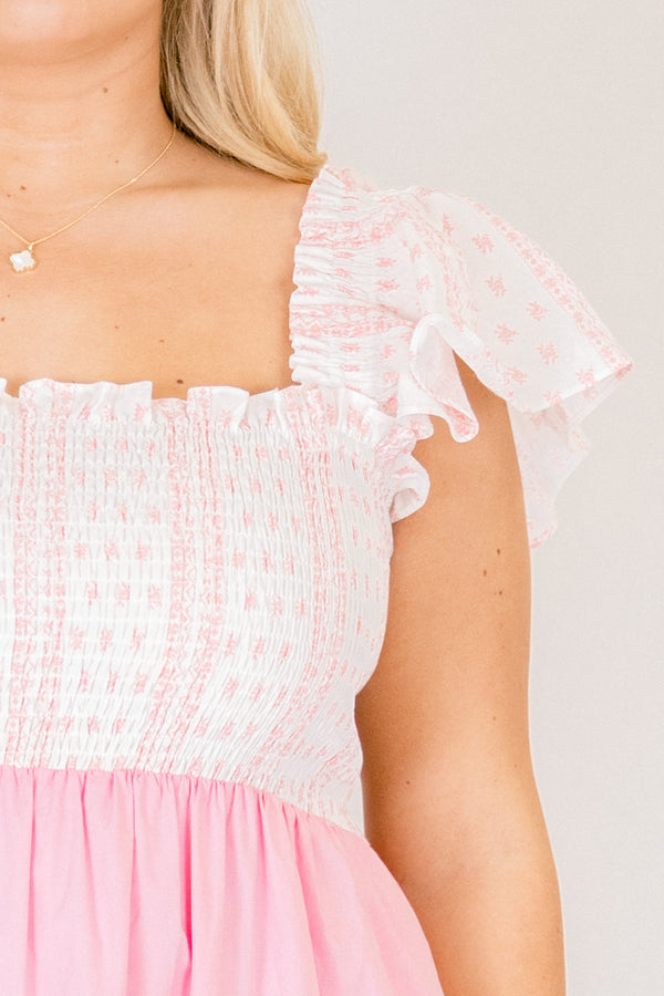 Chic Soul plus size clothing, white and light pink floral and light pink colorblock maxi dress with ruffle short sleeves and stretchy top of dress