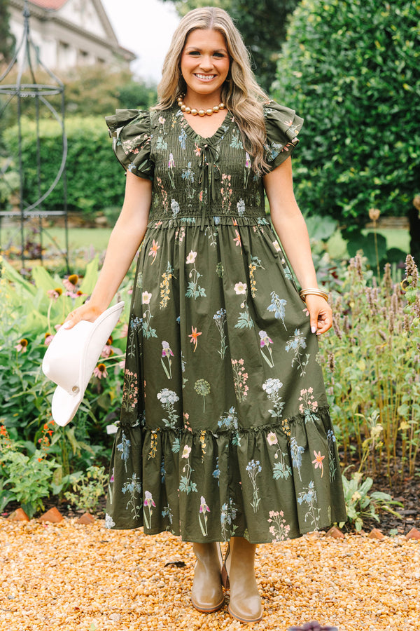 Plus Size green floral midi dress with ruffle cap sleeves, a smocked bodice, and a tiered skirt.