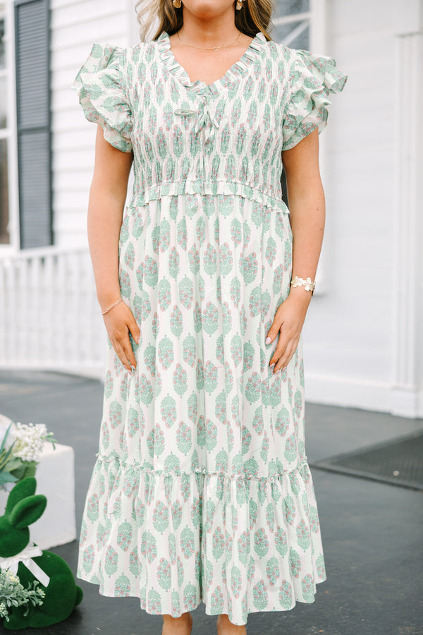 Chic Soul plus size clothing, mint green and whit floral block pattern maxi dress with rouching around the chest and flutter sleeves