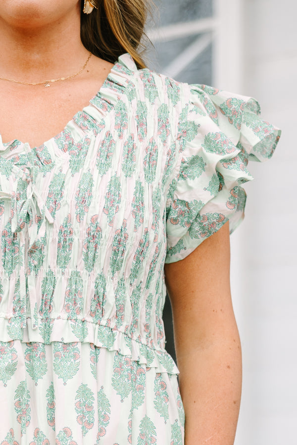 Chic Soul plus size clothing, mint green and whit floral block pattern maxi dress with rouching around the chest and flutter sleeves