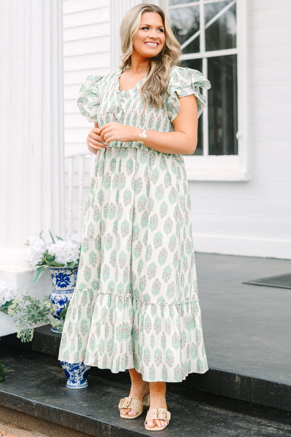 Chic Soul plus size clothing, mint green and whit floral block pattern maxi dress with rouching around the chest and flutter sleeves