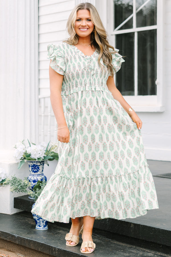 Chic Soul plus size clothing, mint green and whit floral block pattern maxi dress with rouching around the chest and flutter sleeves