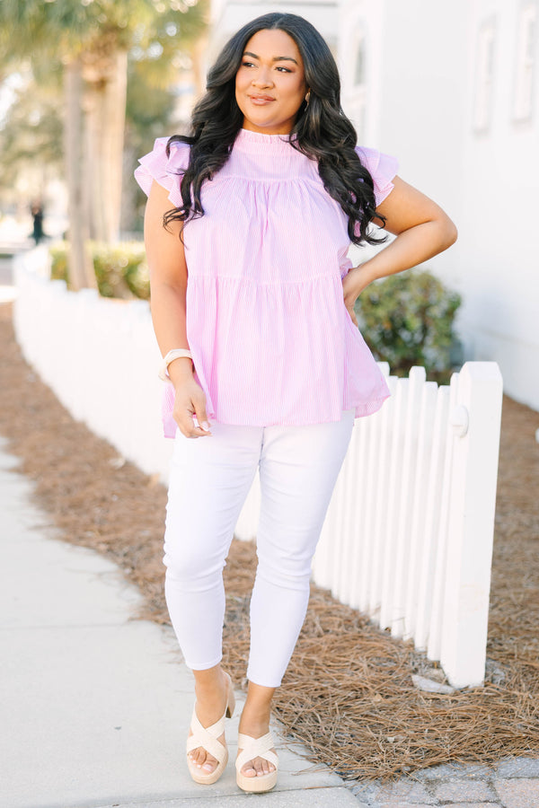 Chic Soul plus size clothing, light pink and white vertical pin stripe short flutter sleeve top