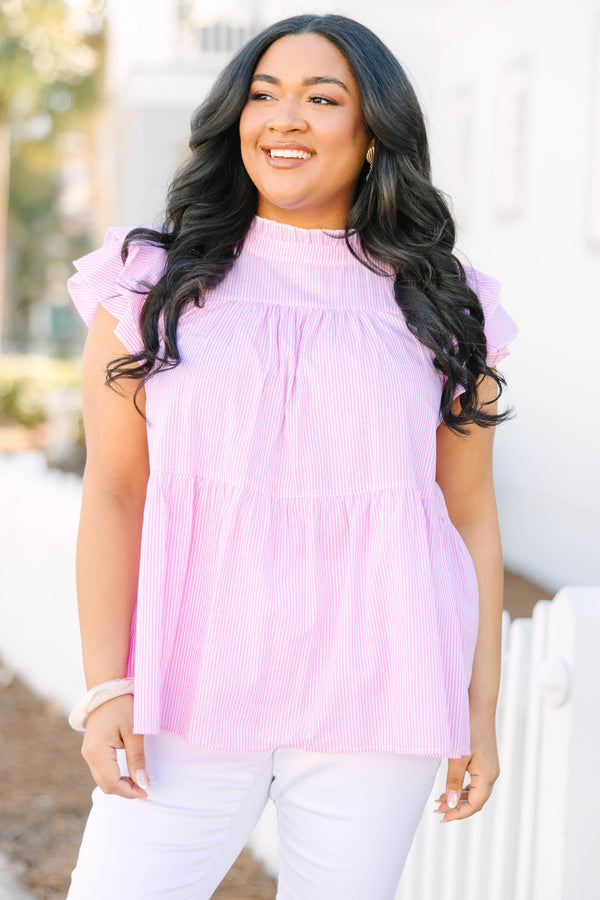 Chic Soul plus size clothing, light pink and white vertical pin stripe short flutter sleeve top