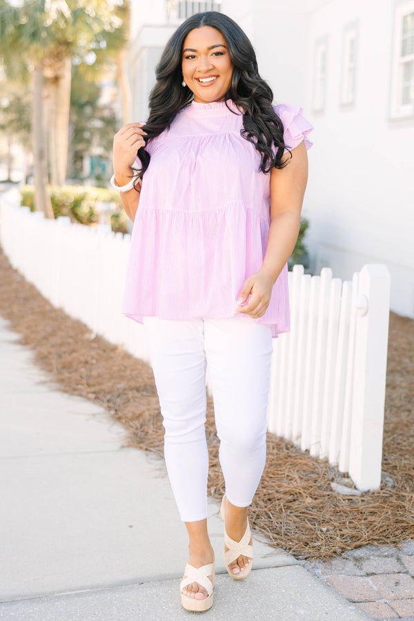 Chic Soul plus size clothing, light pink and white vertical pin stripe short flutter sleeve top