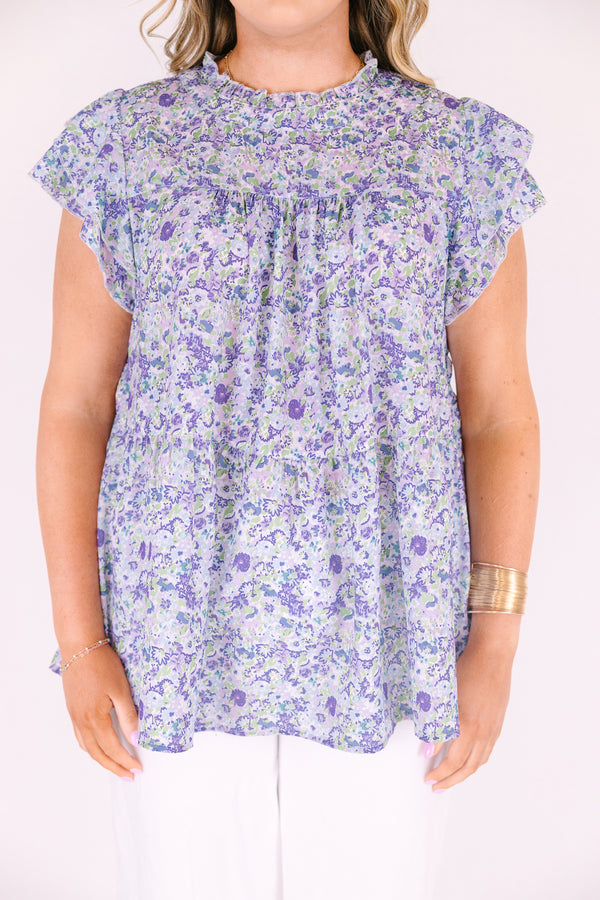 Chic soul plus size clothing, purple floral print high neck baby doll top with ruffle cap sleeves